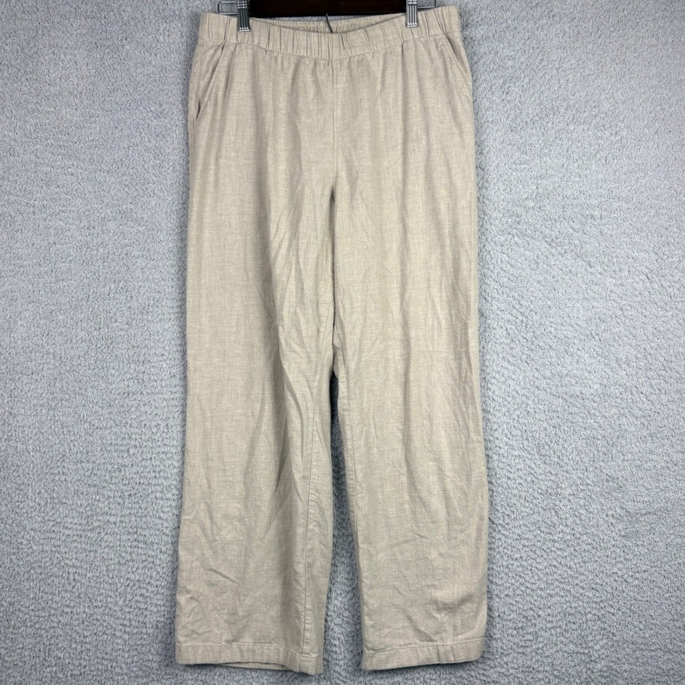 Uniqlo Pants Womens Large Beige 100% Cotton Elastic Waist Lightweight Summer